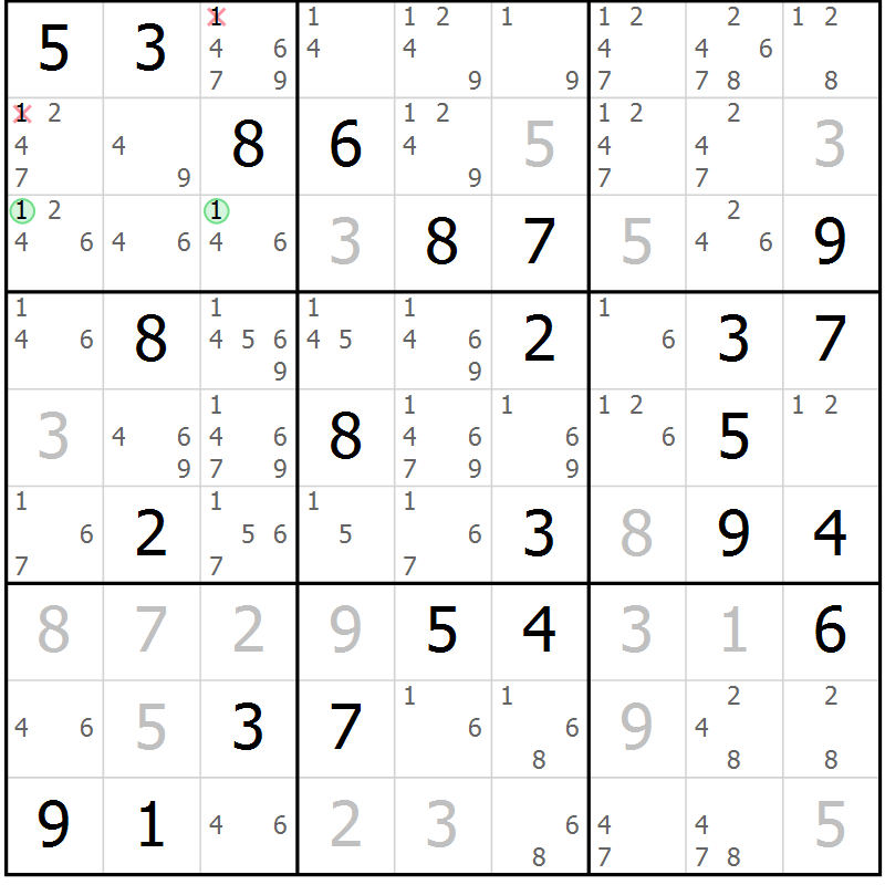 Position des candidats pour la solution de la Gr 51 page 54 du magazine de sudoku Maestro n° 102