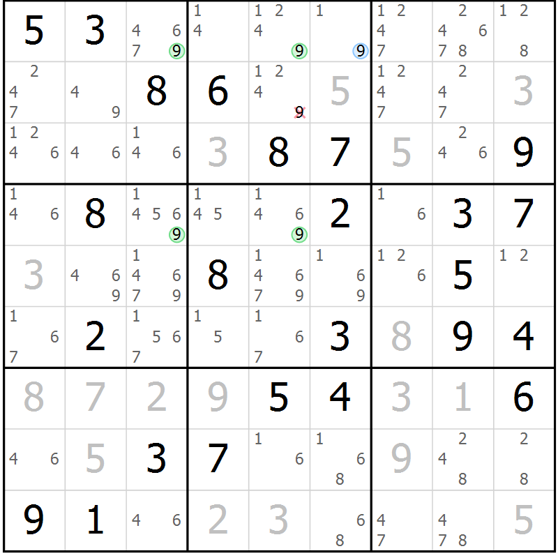 Position des candidats pour la solution de la Gr 51 page 54 du magazine de sudoku Maestro n° 102