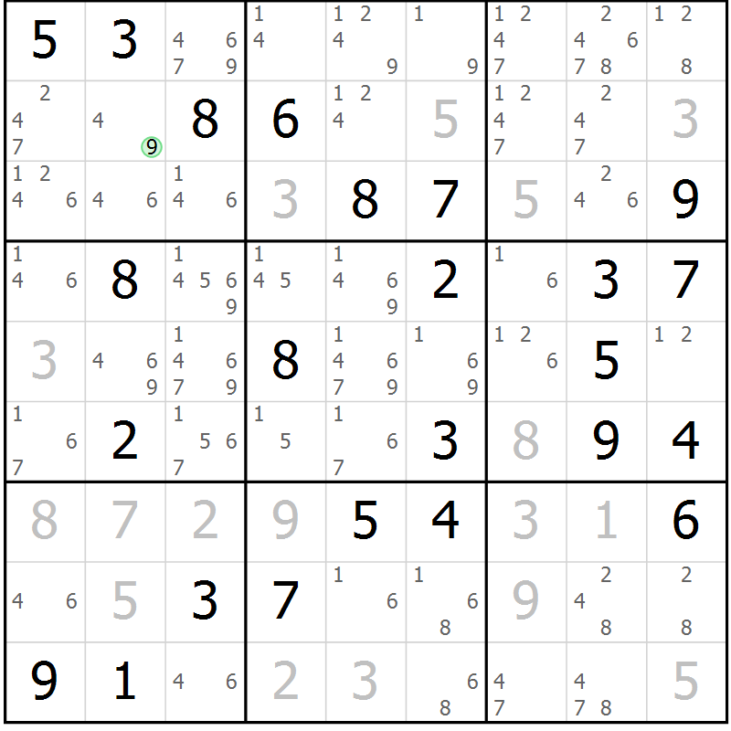Position des candidats pour la solution de la Gr 51 page 54 du magazine de sudoku Maestro n° 102