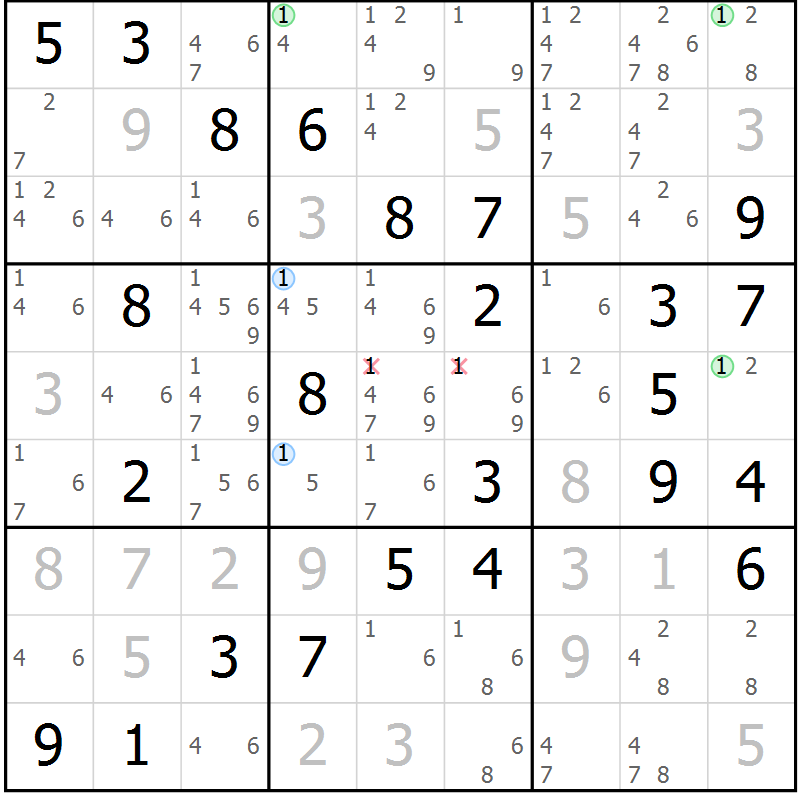 Position des candidats pour la solution de la Gr 51 page 54 du magazine de sudoku Maestro n° 102