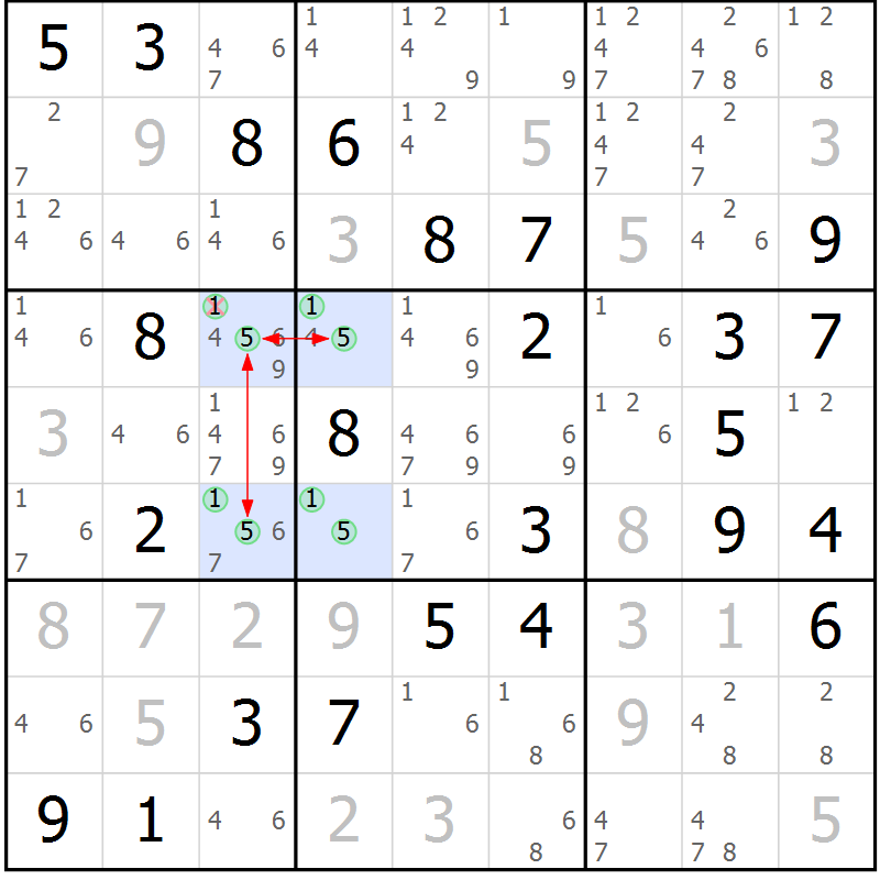 Position des candidats pour la solution de la Gr 51 page 54 du magazine de sudoku Maestro n° 102
