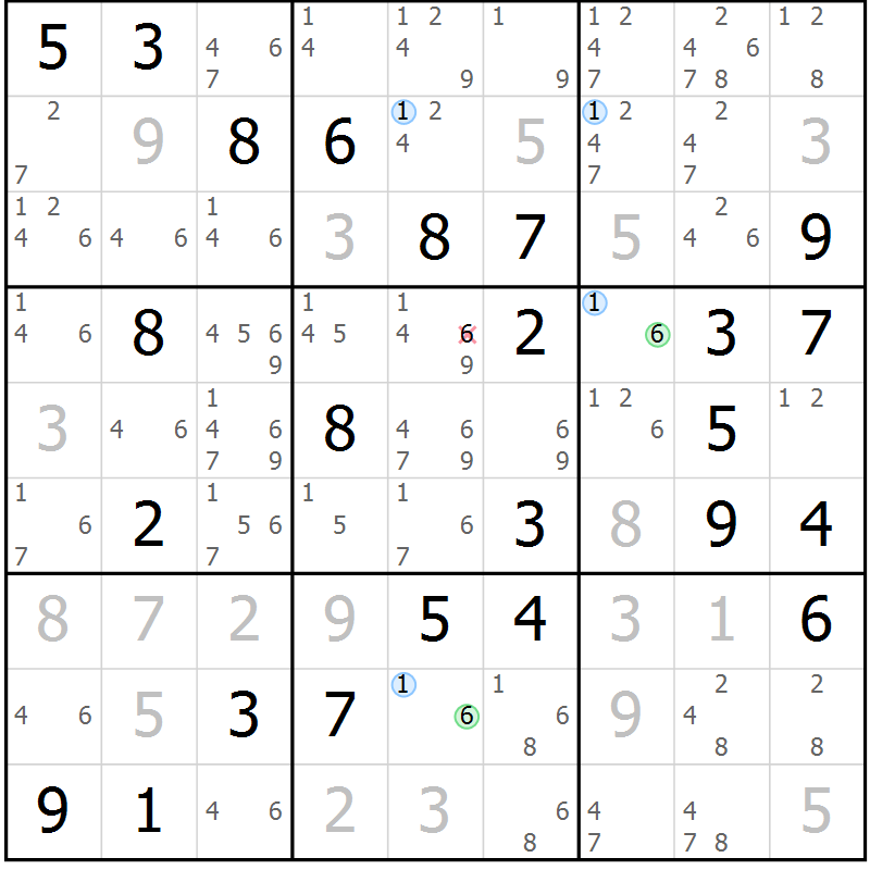 Position des candidats pour la solution de la Gr 51 page 54 du magazine de sudoku Maestro n° 102
