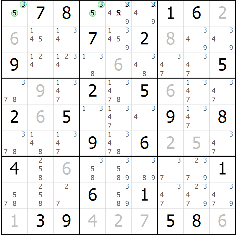 Position des candidats pour la solution de la Gr 52 page 55 du magazine de sudoku Maestro n° 102