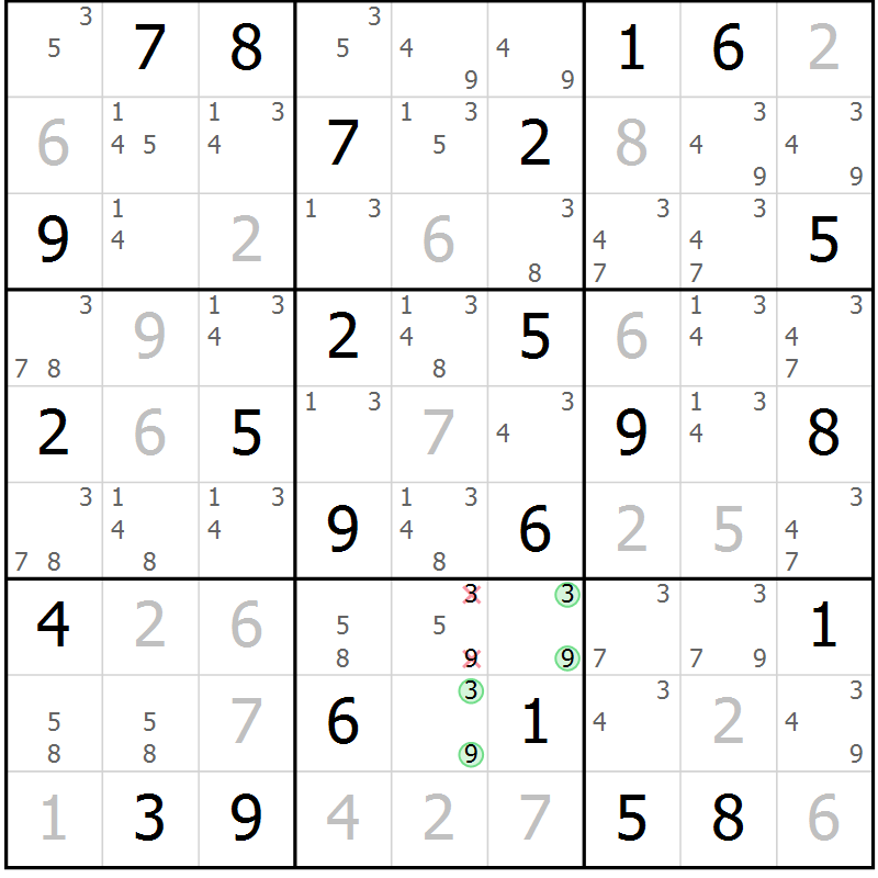 Position des candidats pour la solution de la Gr 52 page 55 du magazine de sudoku Maestro n° 102