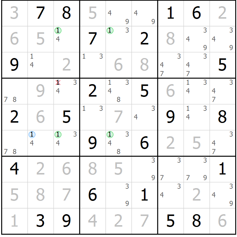 Position des candidats pour la solution de la Gr 52 page 55 du magazine de sudoku Maestro n° 102