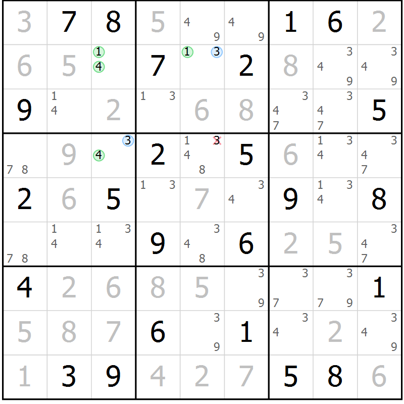 Position des candidats pour la solution de la Gr 52 page 55 du magazine de sudoku Maestro n° 102