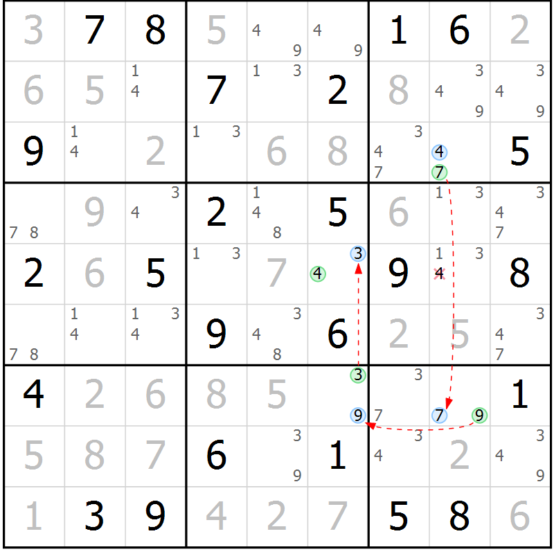 Position des candidats pour la solution de la Gr 52 page 55 du magazine de sudoku Maestro n° 102