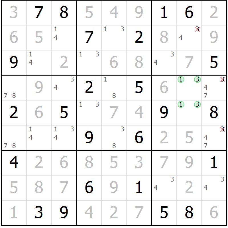 Position des candidats pour la solution de la Gr 52 page 55 du magazine de sudoku Maestro n° 102