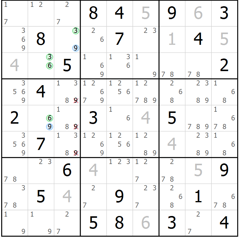 Position des candidats pour la solution de la Gr 53 page 56 du magazine de sudoku Maestro n° 102