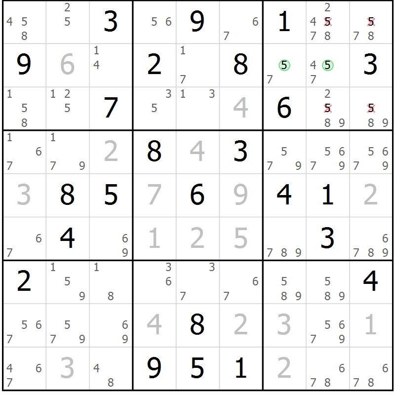 Position des candidats pour la solution de la Gr 54 page 57 du magazine de sudoku Maestro n° 102