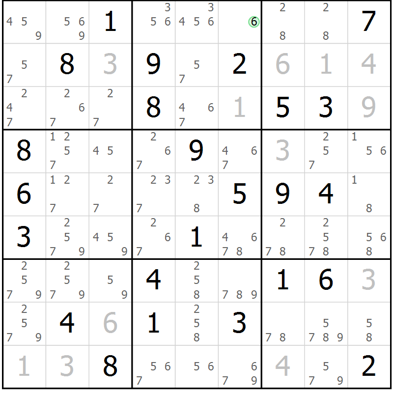 Position des candidats pour la solution de la Gr 55 page 58 du magazine de sudoku Maestro n° 102