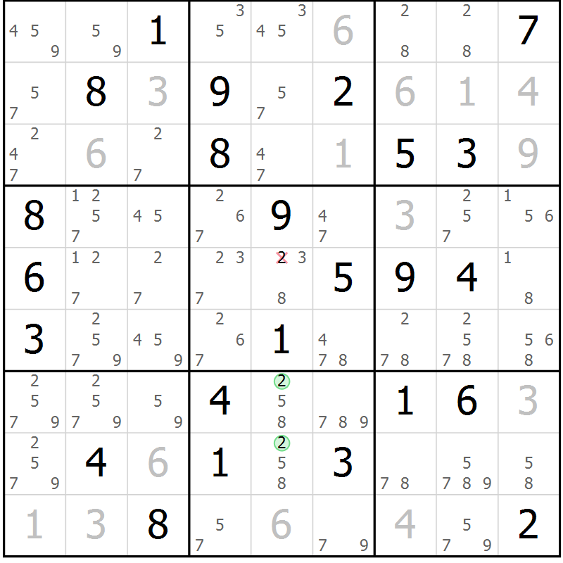 Position des candidats pour la solution de la Gr 55 page 58 du magazine de sudoku Maestro n° 102