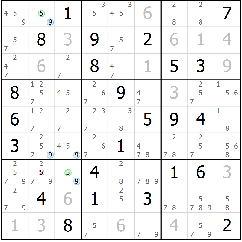 Position des candidats pour la solution de la Gr 55 page 58 du magazine de sudoku Maestro n° 102