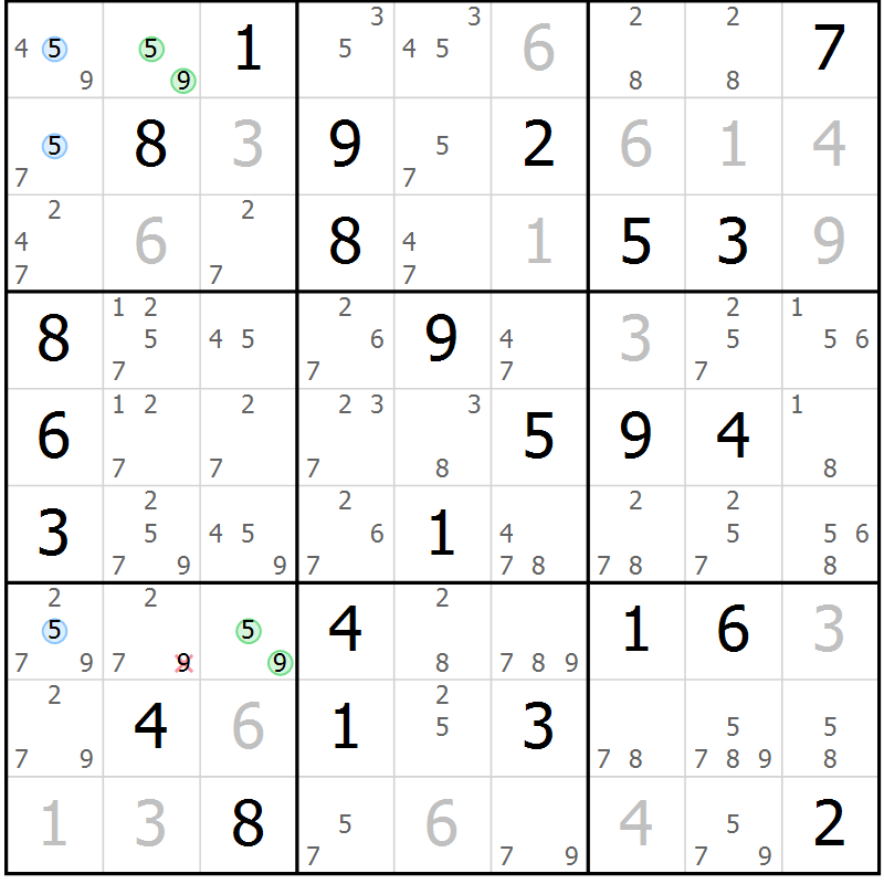 Position des candidats pour la solution de la Gr 55 page 58 du magazine de sudoku Maestro n° 102