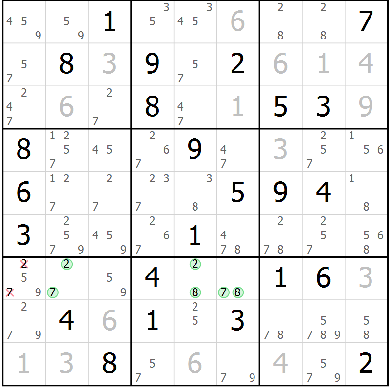 Position des candidats pour la solution de la Gr 55 page 58 du magazine de sudoku Maestro n° 102