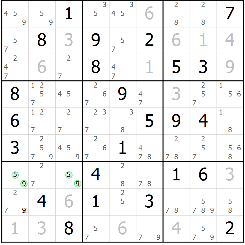Position des candidats pour la solution de la Gr 55 page 58 du magazine de sudoku Maestro n° 102