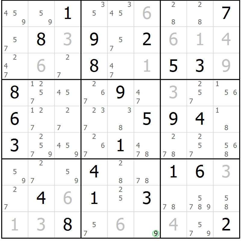 Position des candidats pour la solution de la Gr 55 page 58 du magazine de sudoku Maestro n° 102