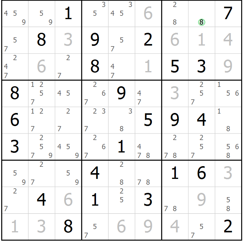 Position des candidats pour la solution de la Gr 55 page 58 du magazine de sudoku Maestro n° 102
