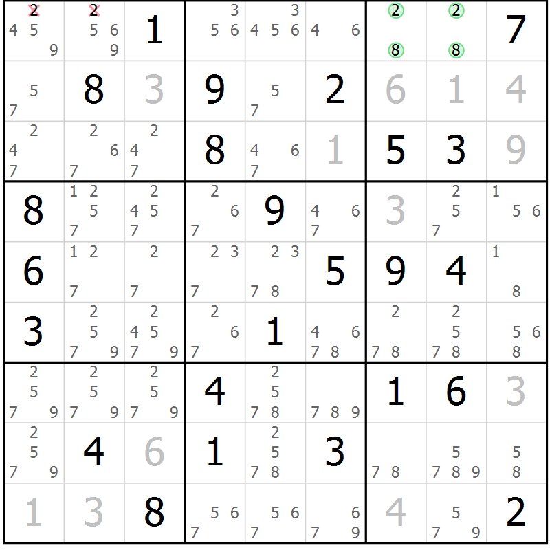 Position des candidats pour la solution de la Gr 55 page 58 du magazine de sudoku Maestro n° 102