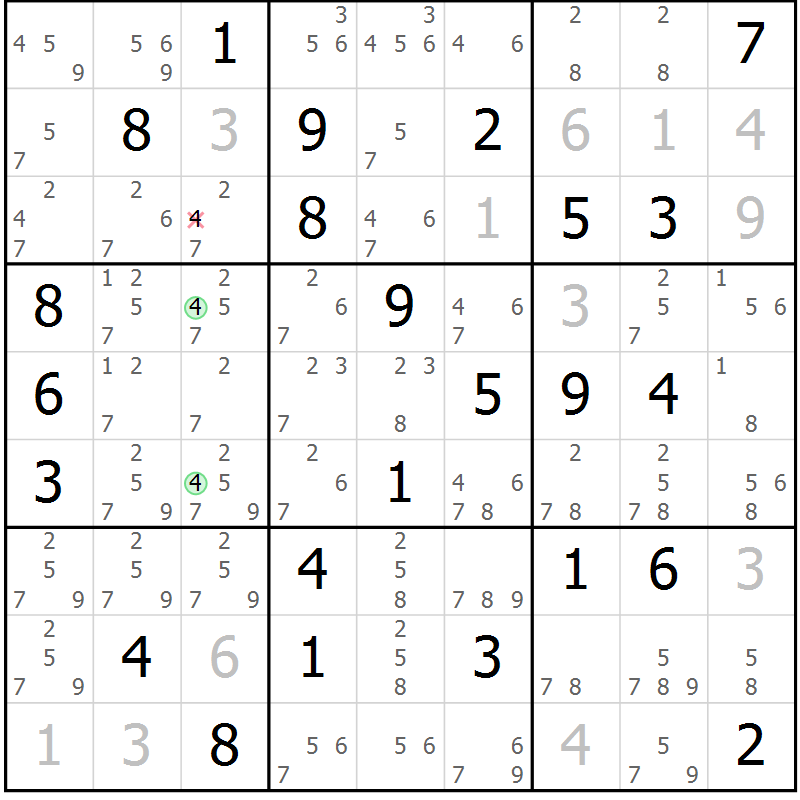Position des candidats pour la solution de la Gr 55 page 58 du magazine de sudoku Maestro n° 102