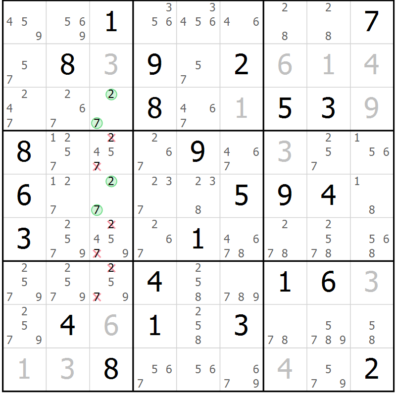 Position des candidats pour la solution de la Gr 55 page 58 du magazine de sudoku Maestro n° 102