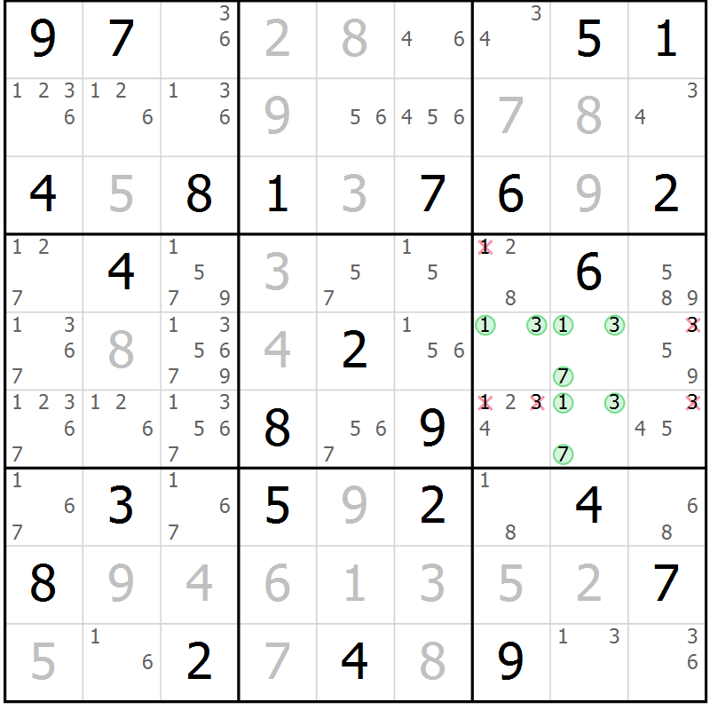 Position des candidats pour la solution de la Gr 56 page 59 du magazine de sudoku Maestro n° 102