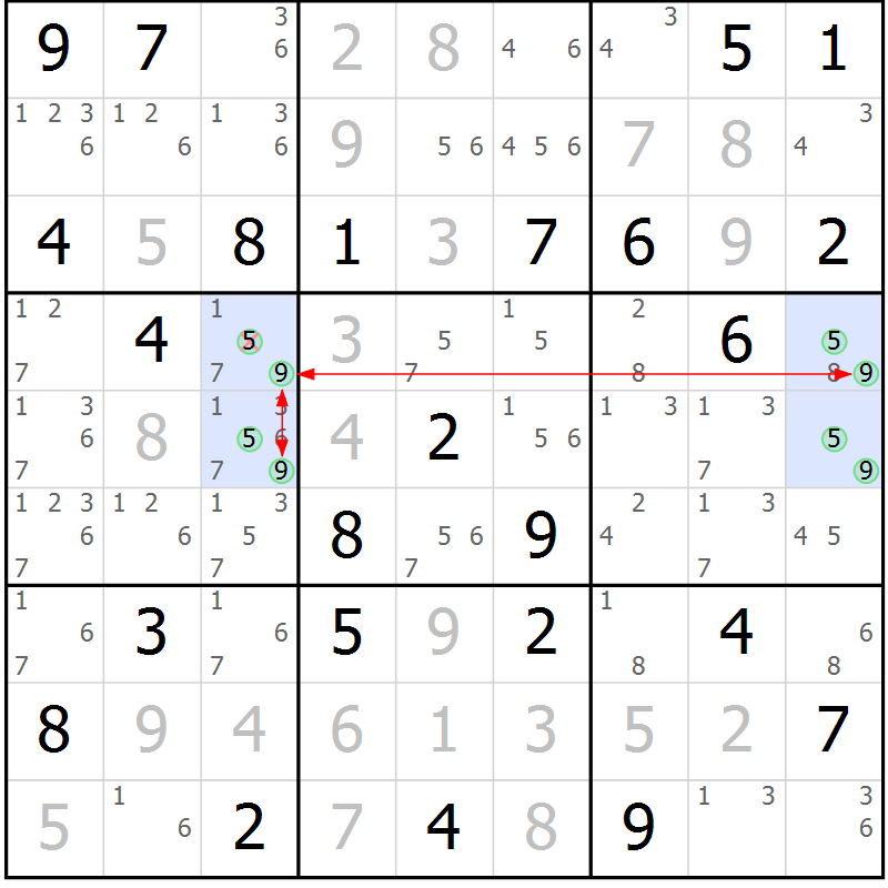 Position des candidats pour la solution de la Gr 56 page 59 du magazine de sudoku Maestro n° 102