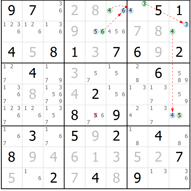 Position des candidats pour la solution de la Gr 56 page 59 du magazine de sudoku Maestro n° 102