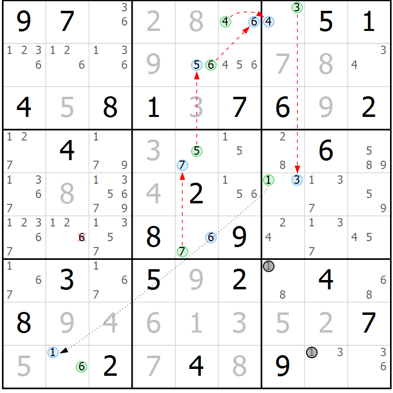 Position des candidats pour la solution de la Gr 56 page 59 du magazine de sudoku Maestro n° 102