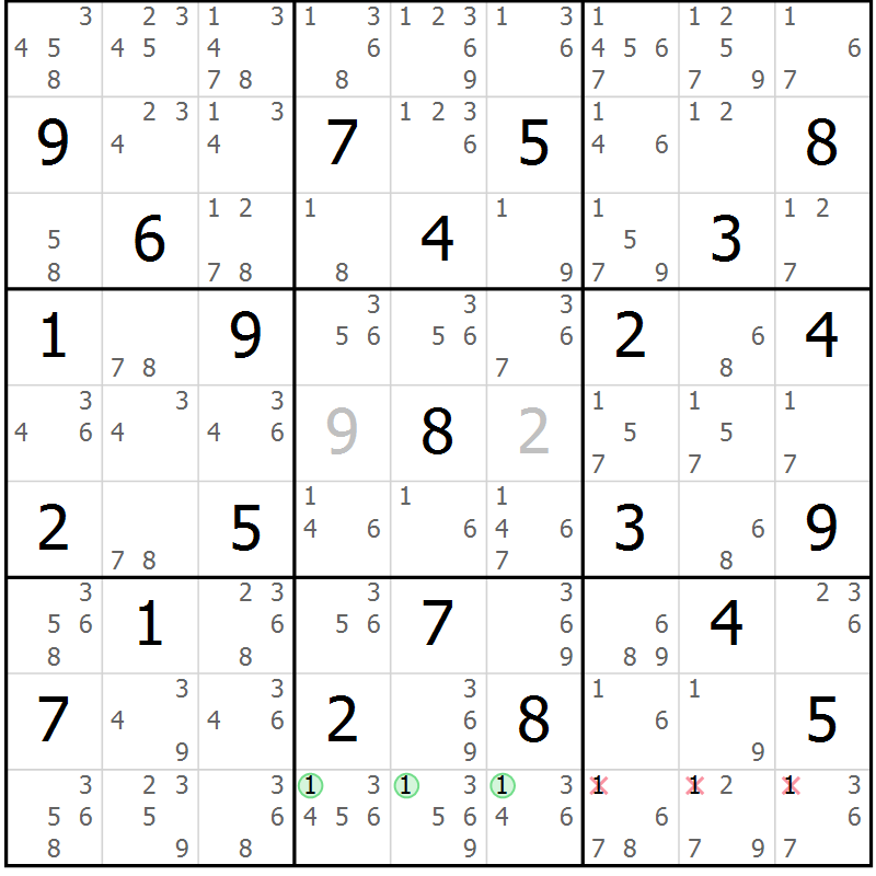 Position des candidats pour la solution de la Gr 57 page 60 du magazine de sudoku Maestro n° 102