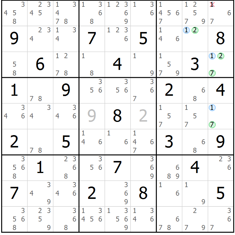 Position des candidats pour la solution de la Gr 57 page 60 du magazine de sudoku Maestro n° 102