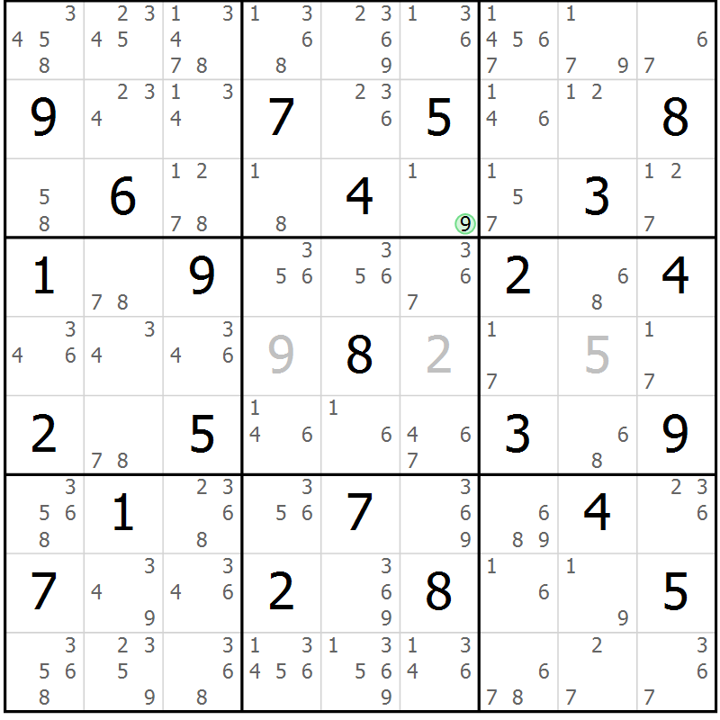 Position des candidats pour la solution de la Gr 57 page 60 du magazine de sudoku Maestro n° 102