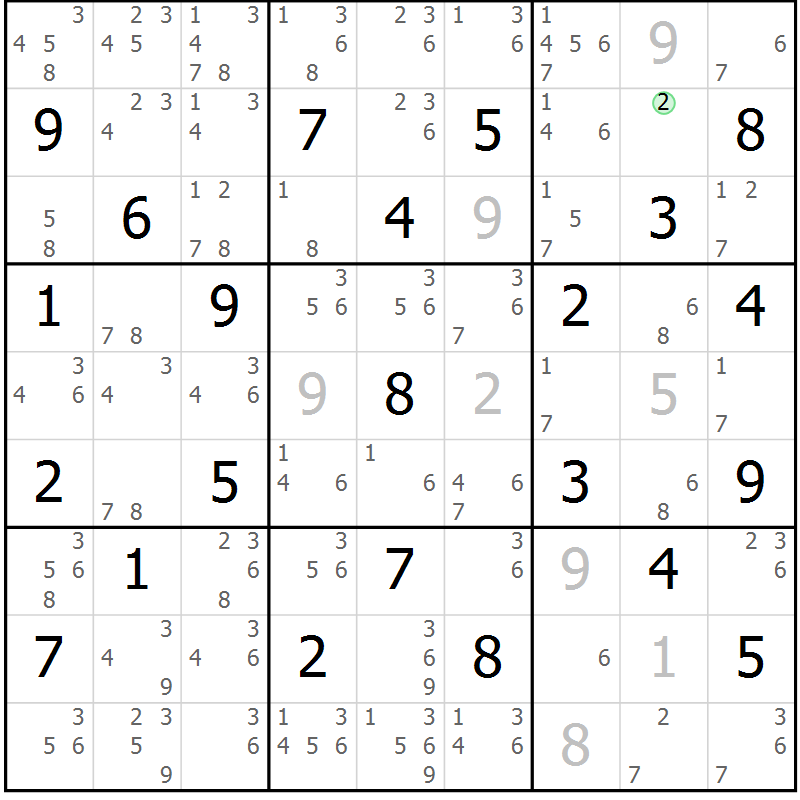 Position des candidats pour la solution de la Gr 57 page 60 du magazine de sudoku Maestro n° 102