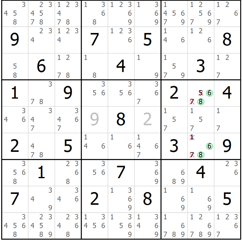 Position des candidats pour la solution de la Gr 57 page 60 du magazine de sudoku Maestro n° 102