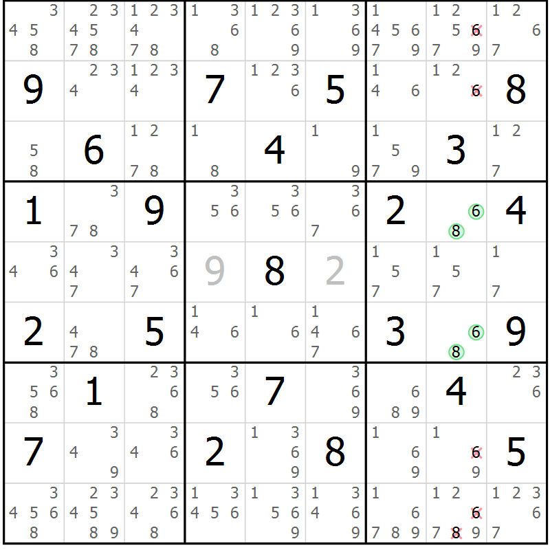 Position des candidats pour la solution de la Gr 57 page 60 du magazine de sudoku Maestro n° 102