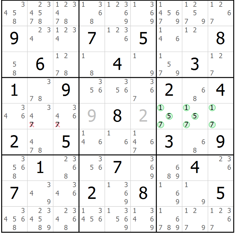 Position des candidats pour la solution de la Gr 57 page 60 du magazine de sudoku Maestro n° 102