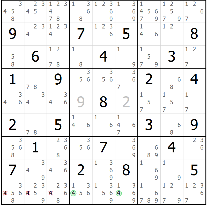 Position des candidats pour la solution de la Gr 57 page 60 du magazine de sudoku Maestro n° 102