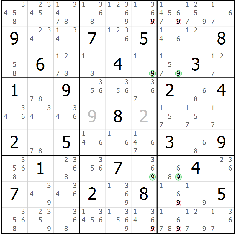 Position des candidats pour la solution de la Gr 57 page 60 du magazine de sudoku Maestro n° 102