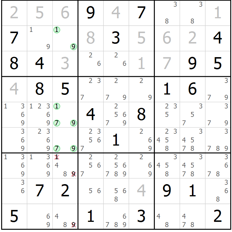 Position des candidats pour la solution de la Gr 58 page 61 du magazine de sudoku Maestro n° 102