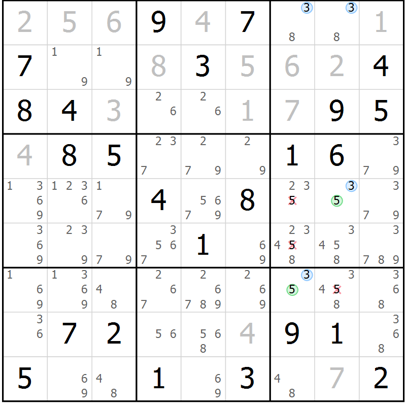 Position des candidats pour la solution de la Gr 58 page 61 du magazine de sudoku Maestro n° 102