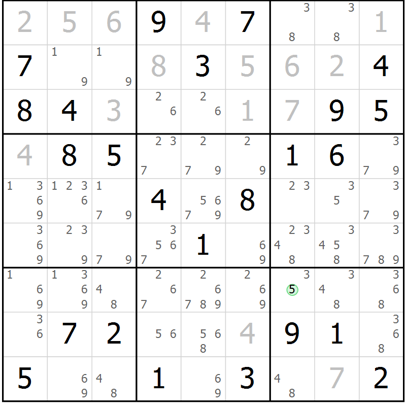 Position des candidats pour la solution de la Gr 58 page 61 du magazine de sudoku Maestro n° 102