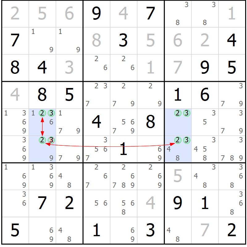 Position des candidats pour la solution de la Gr 58 page 61 du magazine de sudoku Maestro n° 102