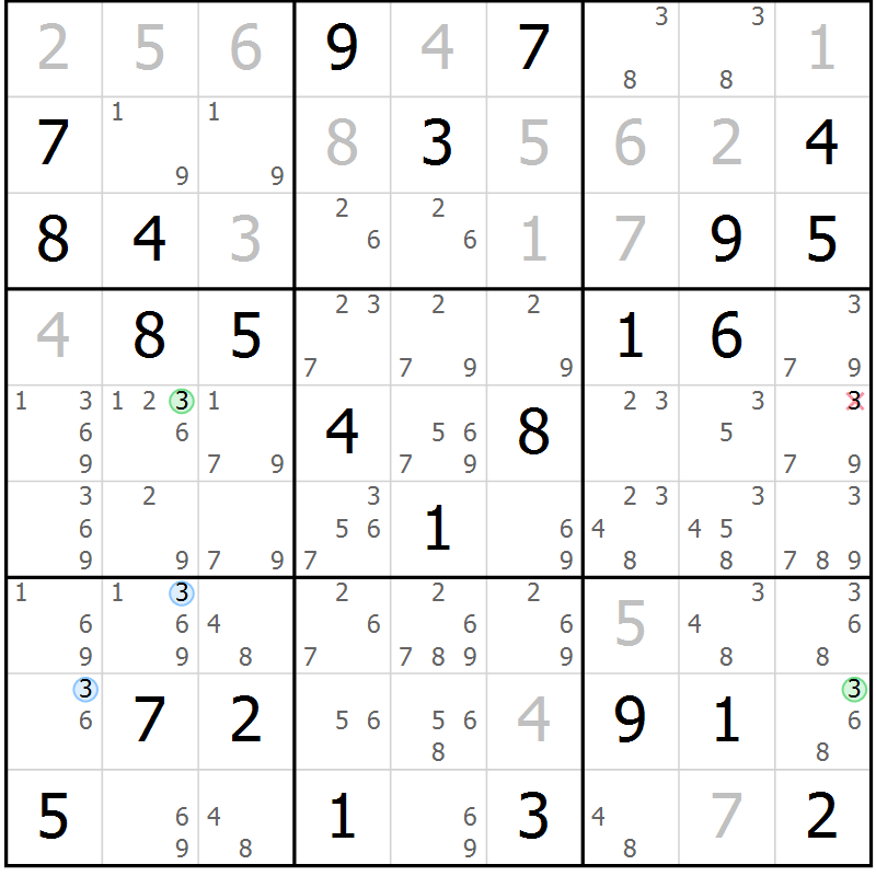 Position des candidats pour la solution de la Gr 58 page 61 du magazine de sudoku Maestro n° 102