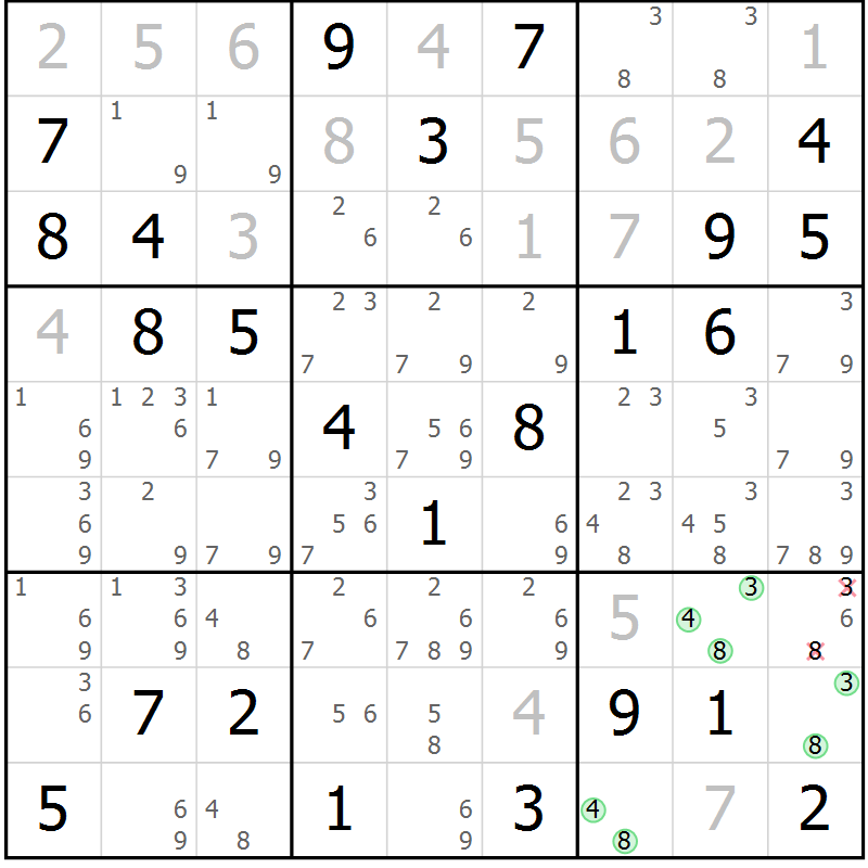 Position des candidats pour la solution de la Gr 58 page 61 du magazine de sudoku Maestro n° 102