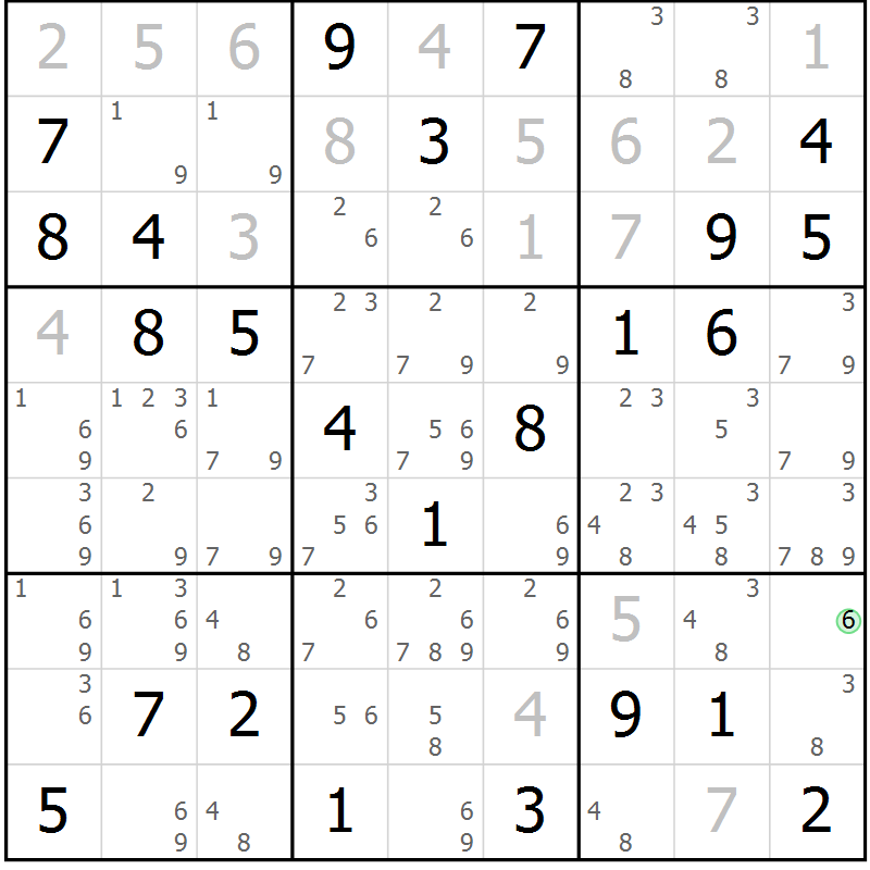 Position des candidats pour la solution de la Gr 58 page 61 du magazine de sudoku Maestro n° 102