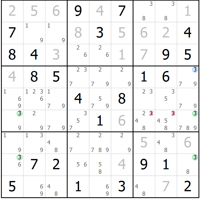 Position des candidats pour la solution de la Gr 58 page 61 du magazine de sudoku Maestro n° 102