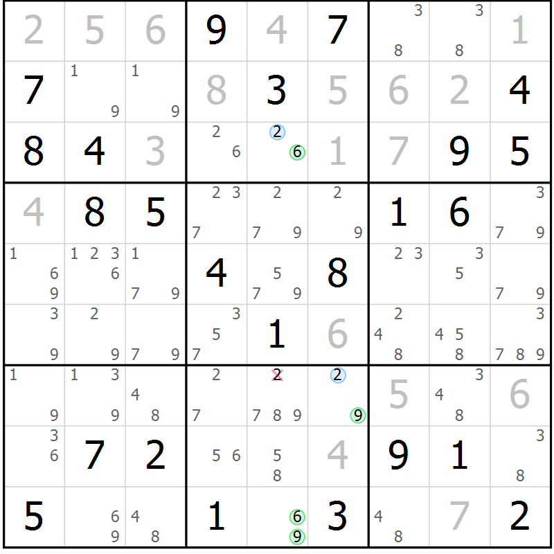 Position des candidats pour la solution de la Gr 58 page 61 du magazine de sudoku Maestro n° 102