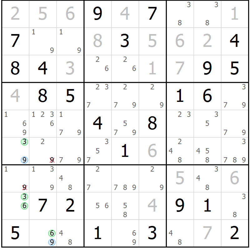 Position des candidats pour la solution de la Gr 58 page 61 du magazine de sudoku Maestro n° 102