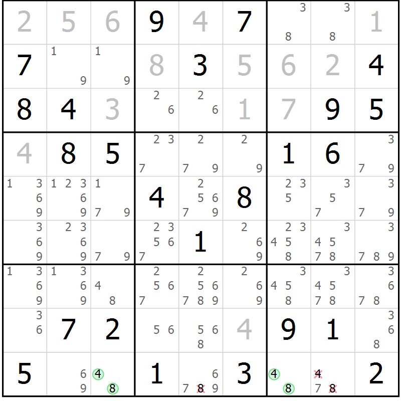 Position des candidats pour la solution de la Gr 58 page 61 du magazine de sudoku Maestro n° 102
