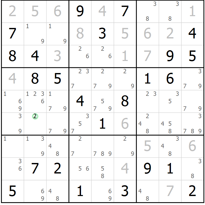 Position des candidats pour la solution de la Gr 58 page 61 du magazine de sudoku Maestro n° 102